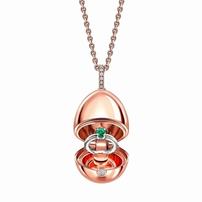 Faberge 18ct Rose Gold Diamond Emerald Ring Surprise Locket