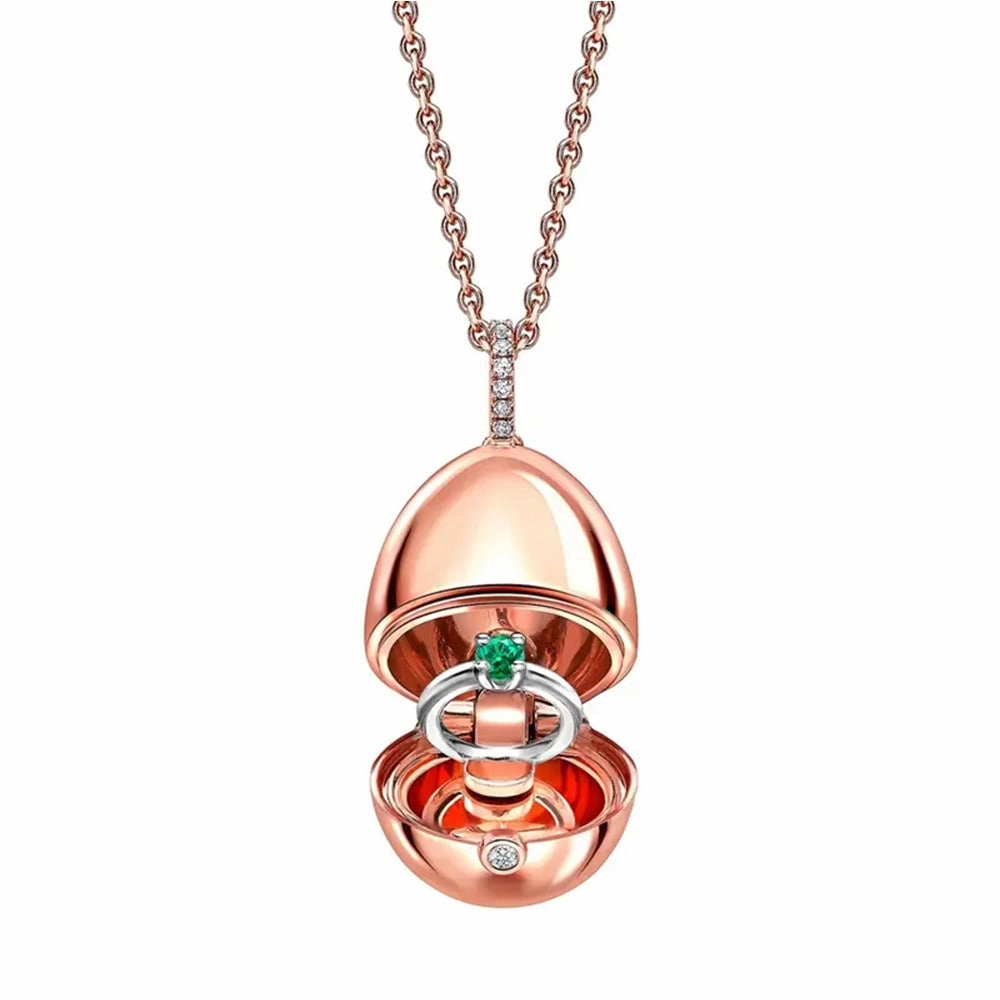 Faberge 18ct Rose Gold Diamond Emerald Ring Surprise Locket