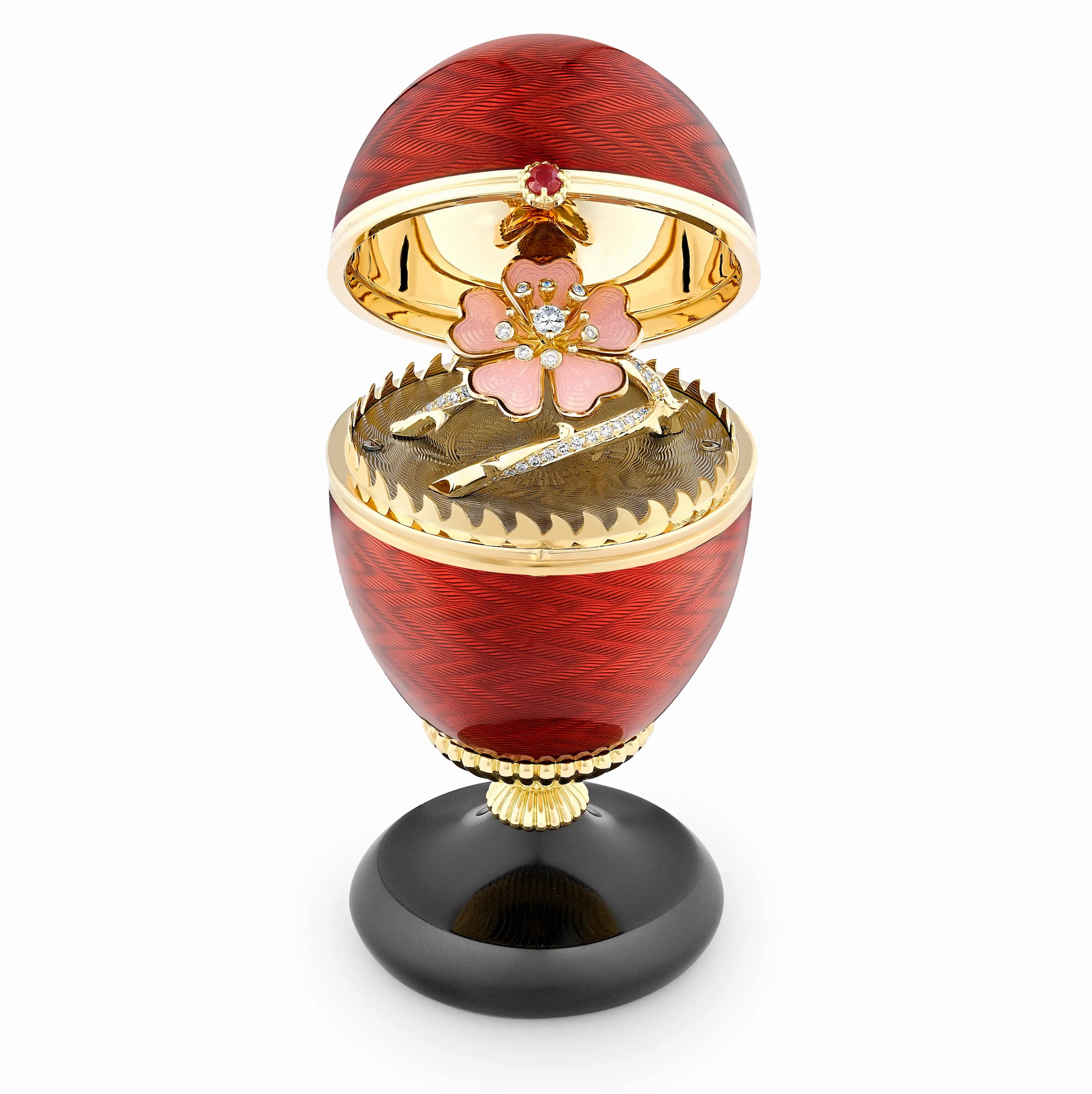 Faberge 18ct Yellow Gold Red Enamel Limited Edition Egg Objet with Wild Rose Surprise