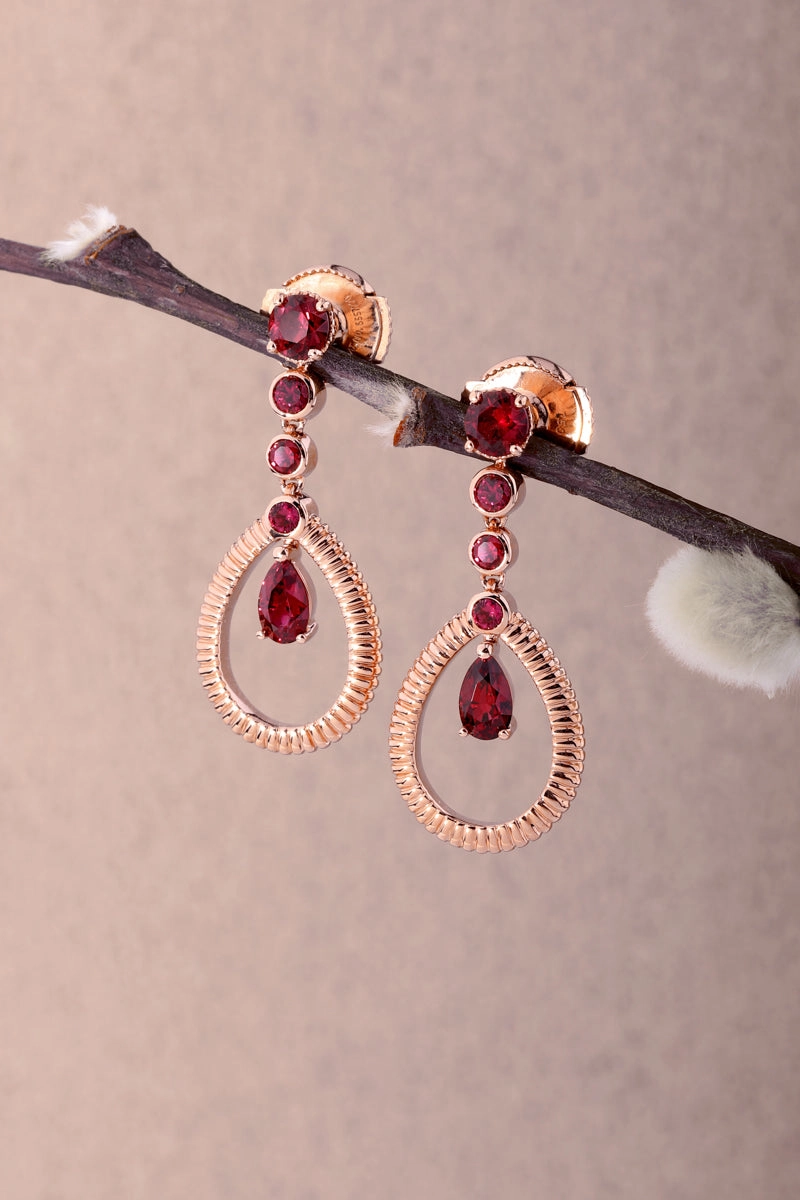 Faberge Colours of Love 18ct Rose Gold Ruby Fluted Teardrop Earrings