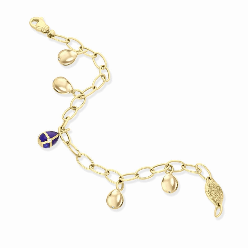 Faberge Victor Mayer 18ct Yellow Gold Diamond Blue Enamel Charm Bracelet