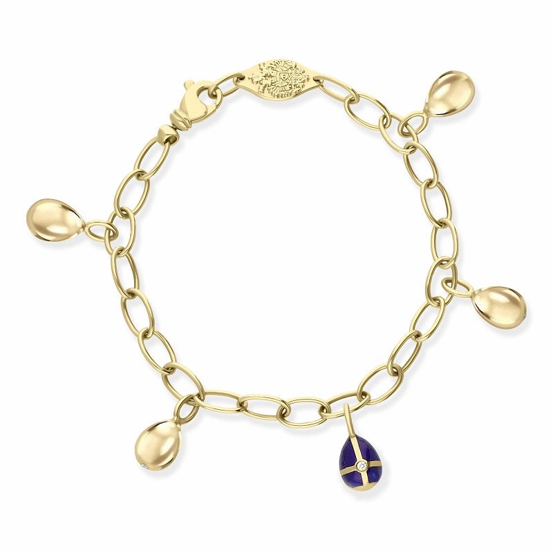 Faberge Victor Mayer 18ct Yellow Gold Diamond Blue Enamel Charm Bracelet