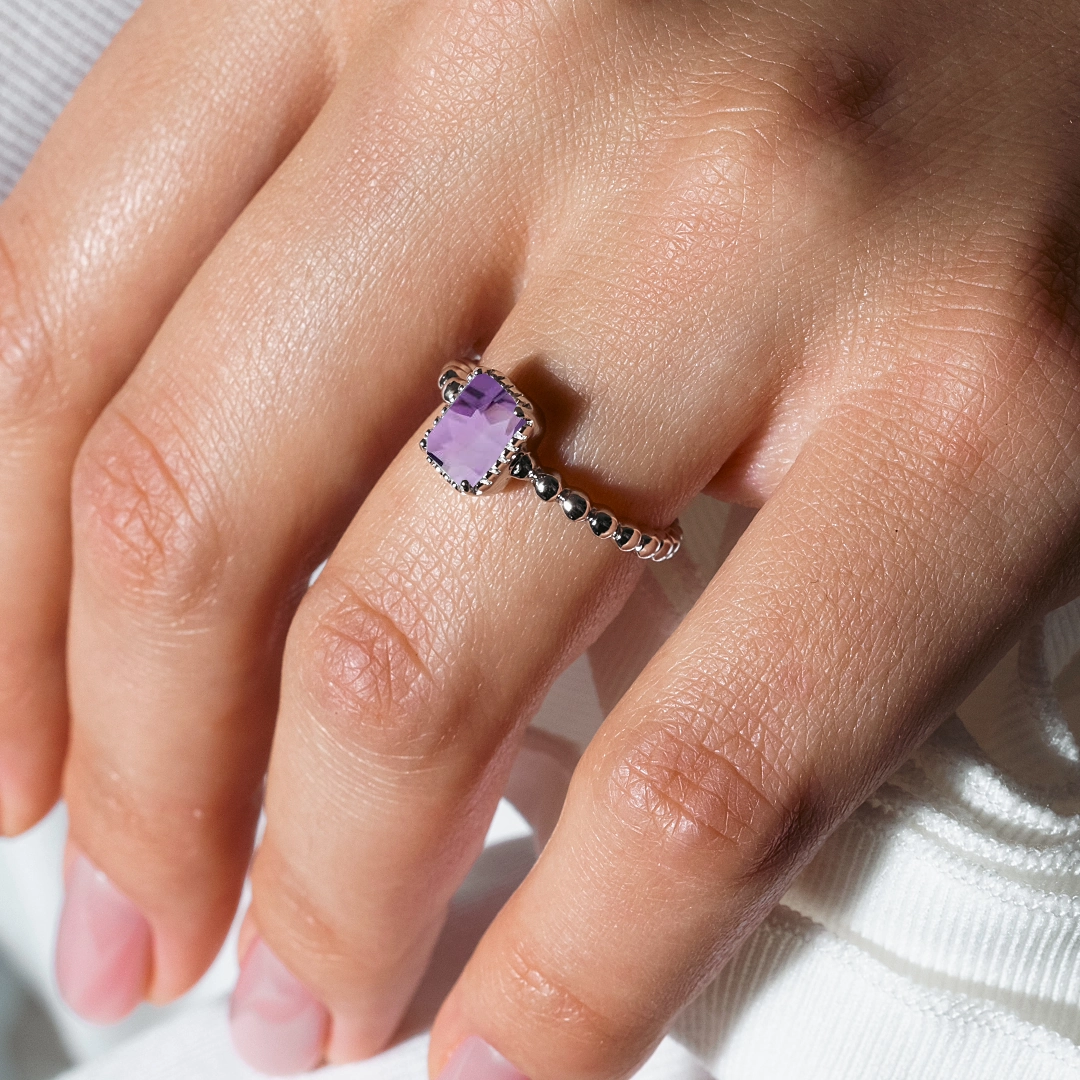 February Sterling Silver 925 Rhodium Plated Beaded Shank Square Center Birthstone Ring - BGR01081FEB