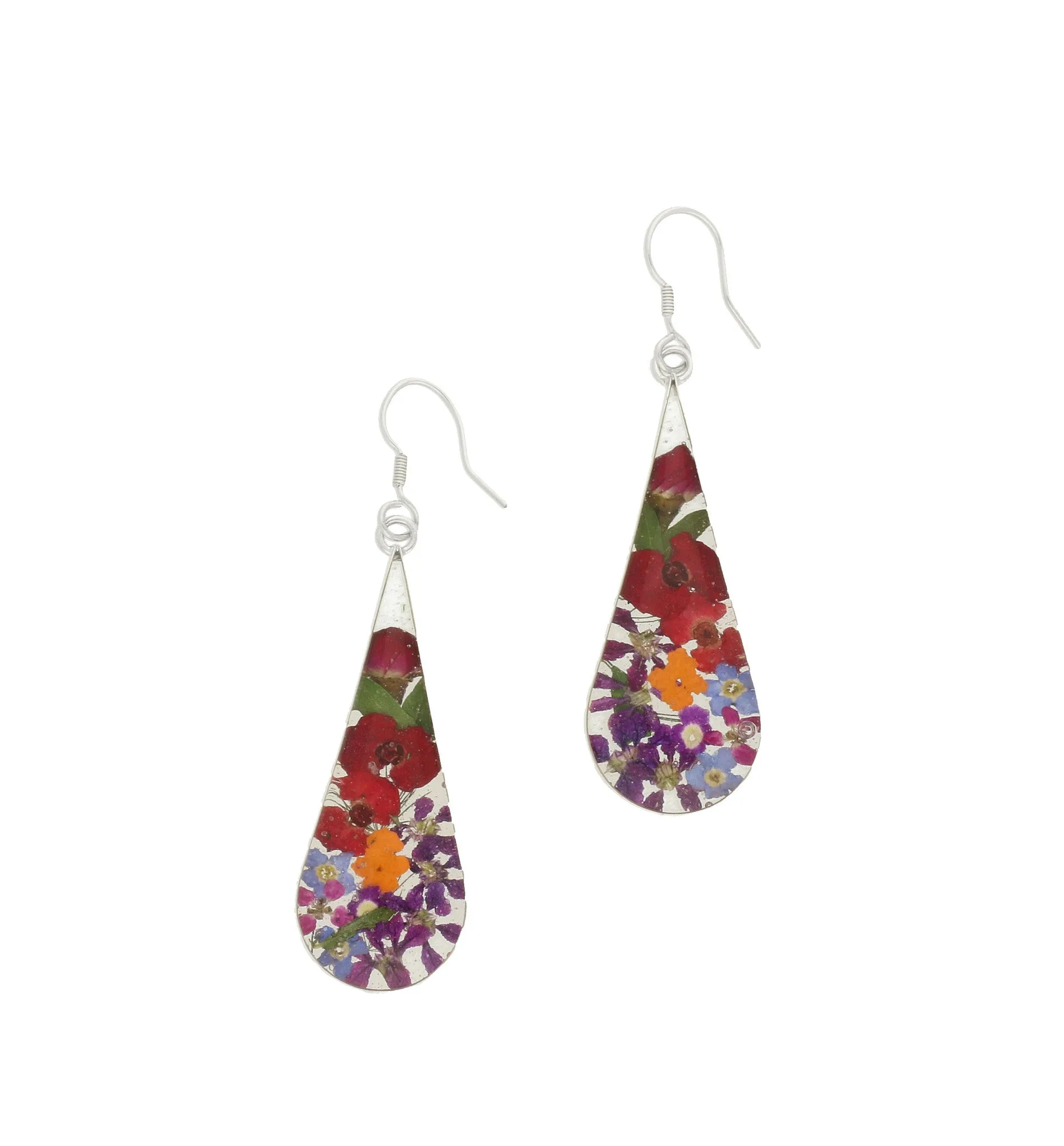 Floral Earrings Mixed Bright Teardrop Drop Silver Large
