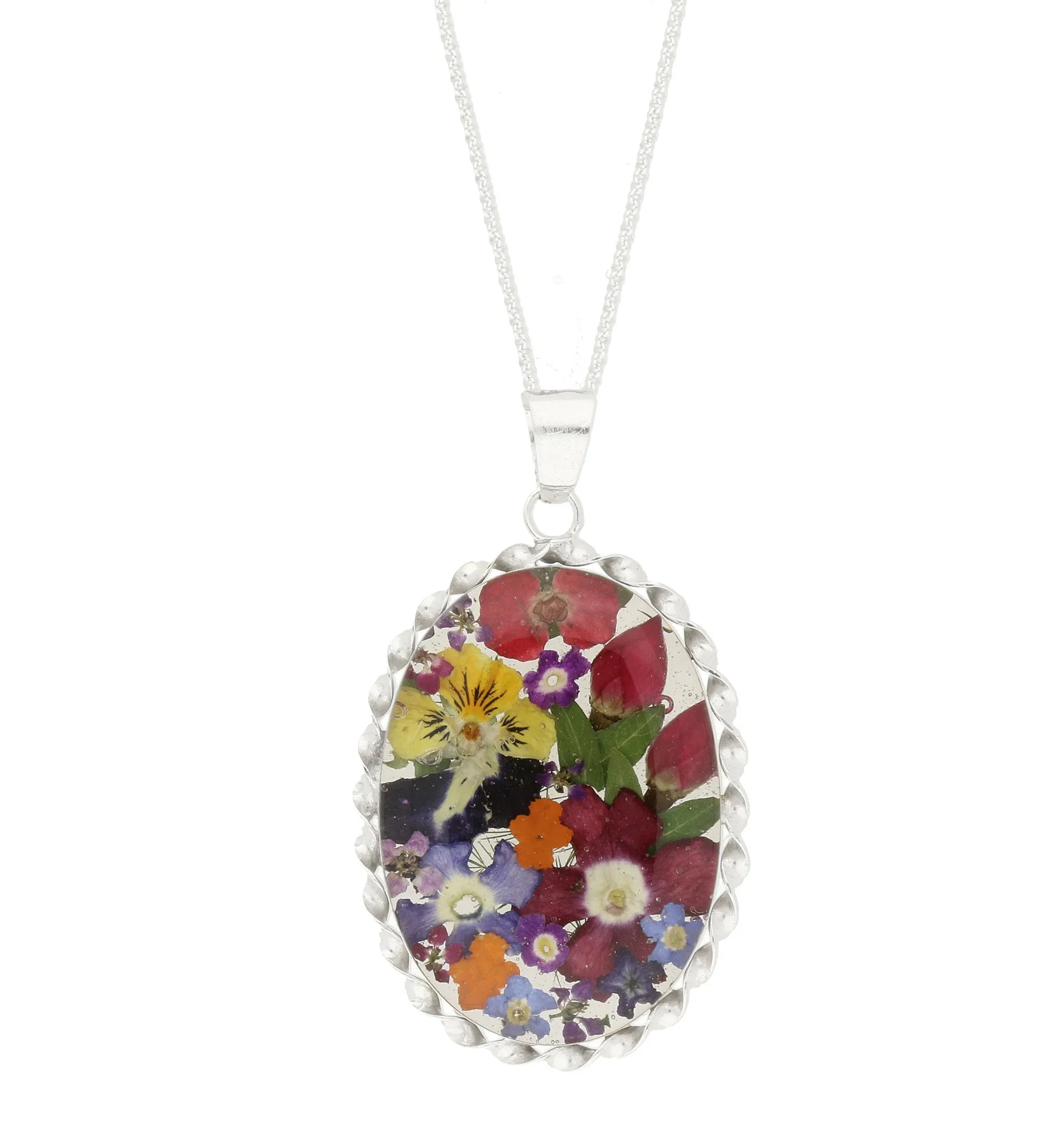 Floral Necklace Mixed Colours Oval Silver Large