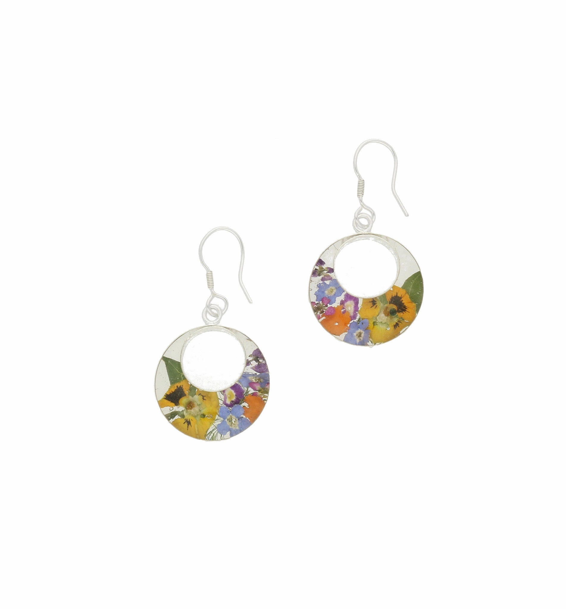 Floral Earrings Mixed Double Round Drop Silver Medium