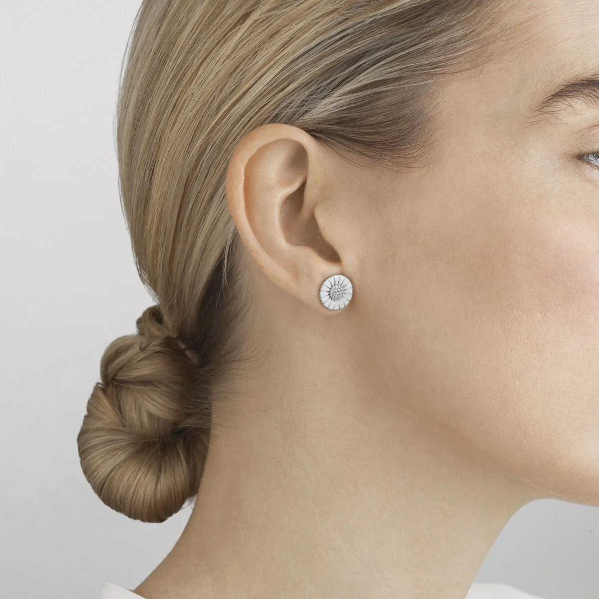 Georg Jensen Daisy Sterling Silver Diamond White Enamel Stud Earrings D