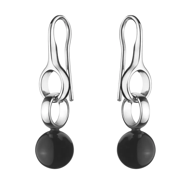 Georg Jensen Sphere Sterling Silver Black Short Agate Drop Earrings