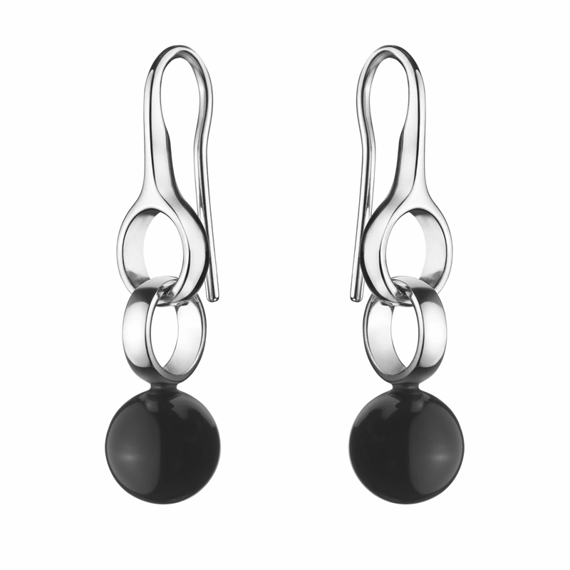 Georg Jensen Sphere Sterling Silver Black Short Agate Drop Earrings