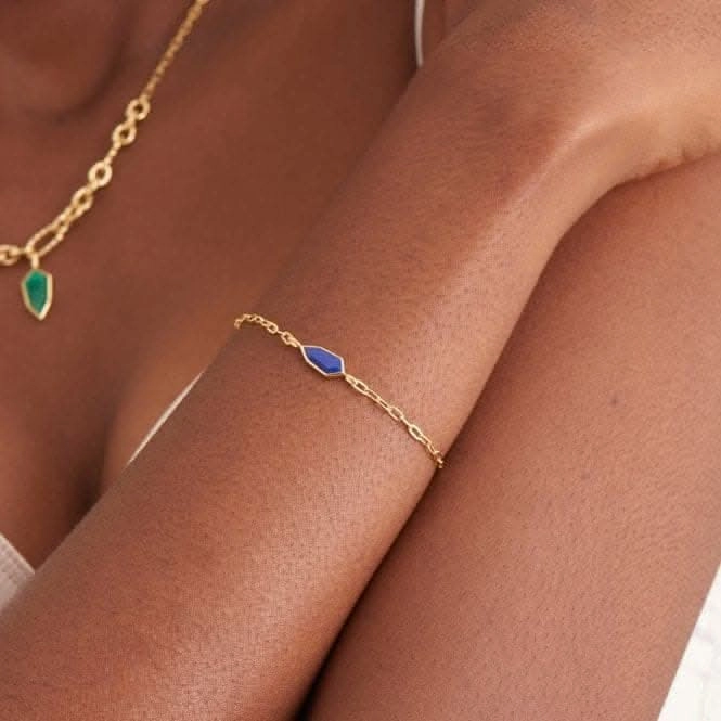 Gold Lapis Emblem Chain Bracelet B042-01G-L
