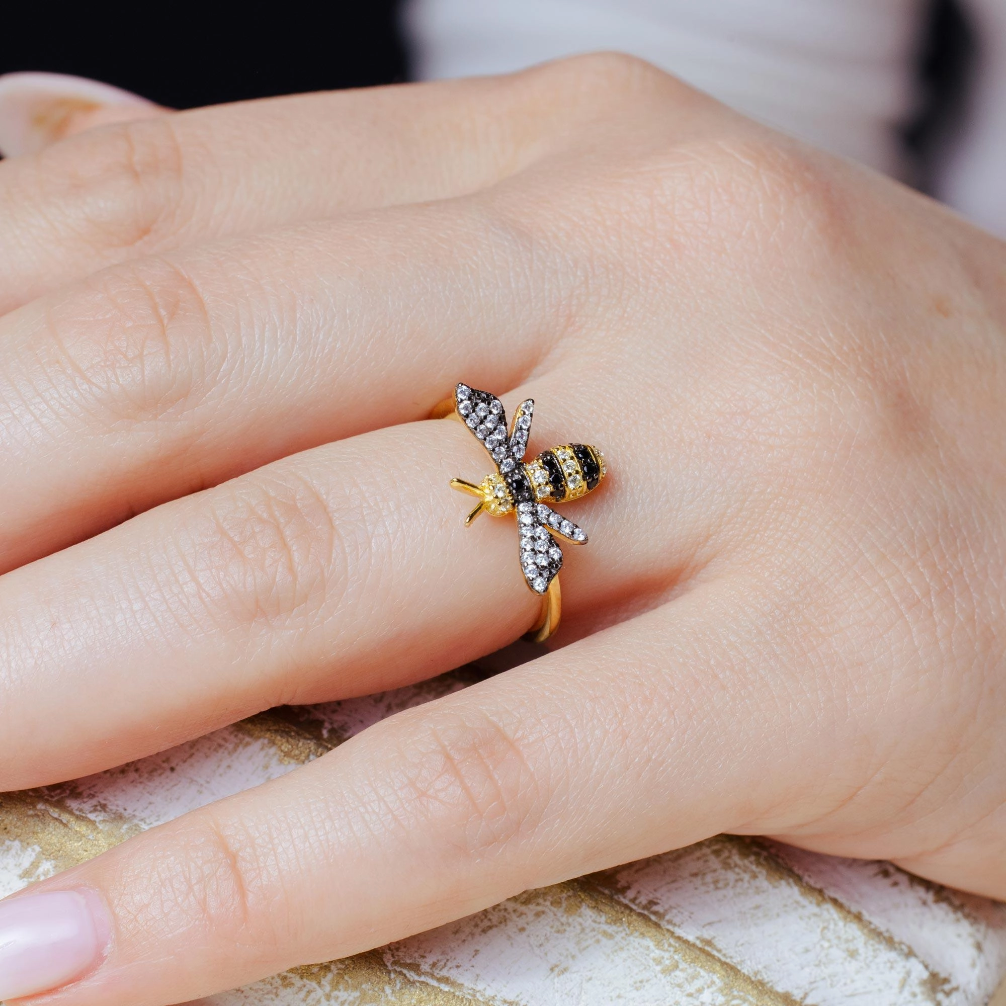 Gold Plated 925 Sterling Silver Bee CZ Ring - BGR01365