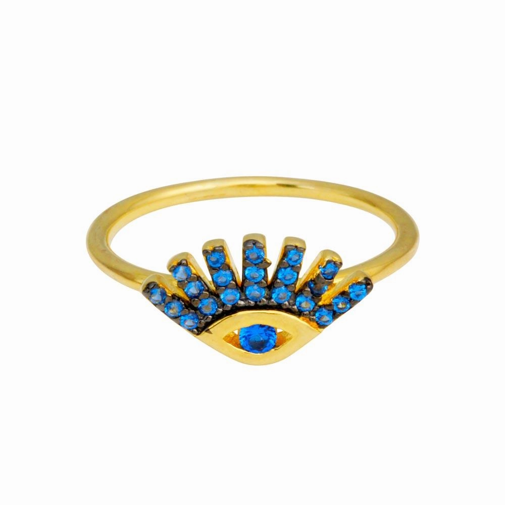 Gold Plated 925 Sterling Silver Blue CZ Eye Ring - BGR01116