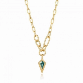 Gold Teal Sparkle Drop Pendant Chunky Chain Necklace N041-02G-G