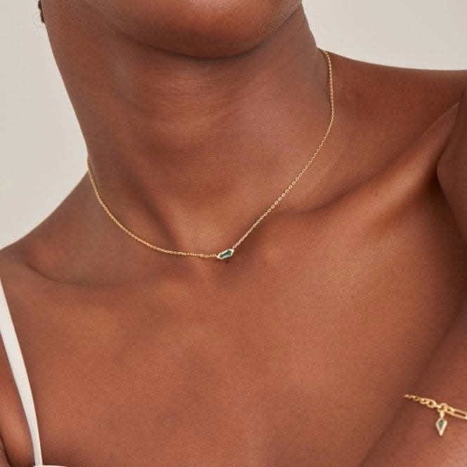 Gold Teal Sparkle Emblem Chain Necklace N041-01G-G