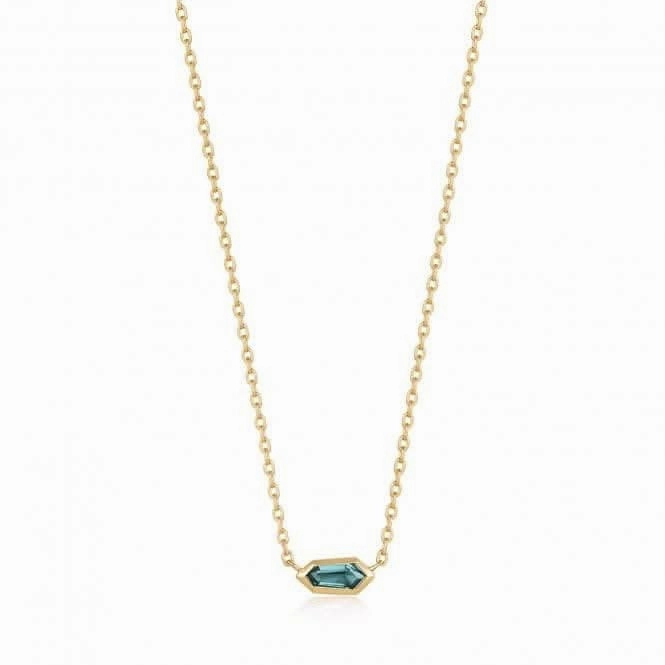 Gold Teal Sparkle Emblem Chain Necklace N041-01G-G