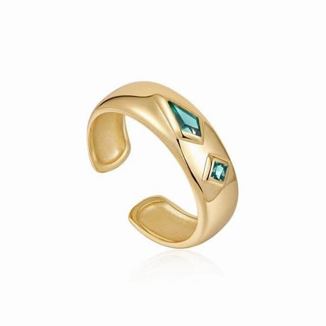Gold Teal Sparkle Emblem Thick Band Ring R041-02G-G