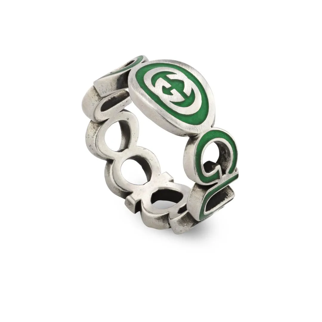 Gucci Interlocking G Sterling Silver Green Enamel Ring D