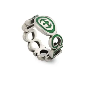 Gucci Interlocking G Sterling Silver Green Enamel Ring D