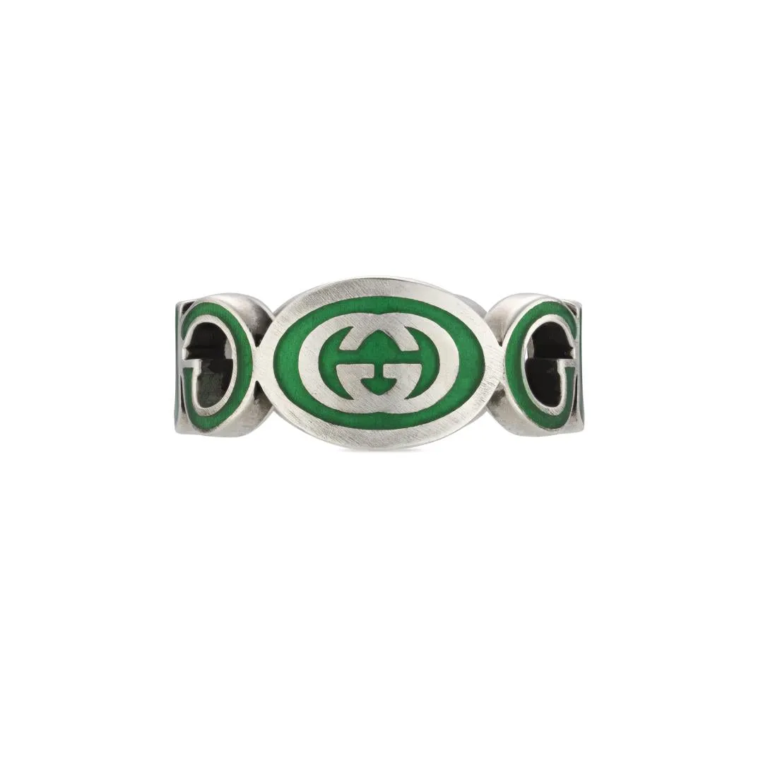 Gucci Interlocking G Sterling Silver Green Enamel Ring D