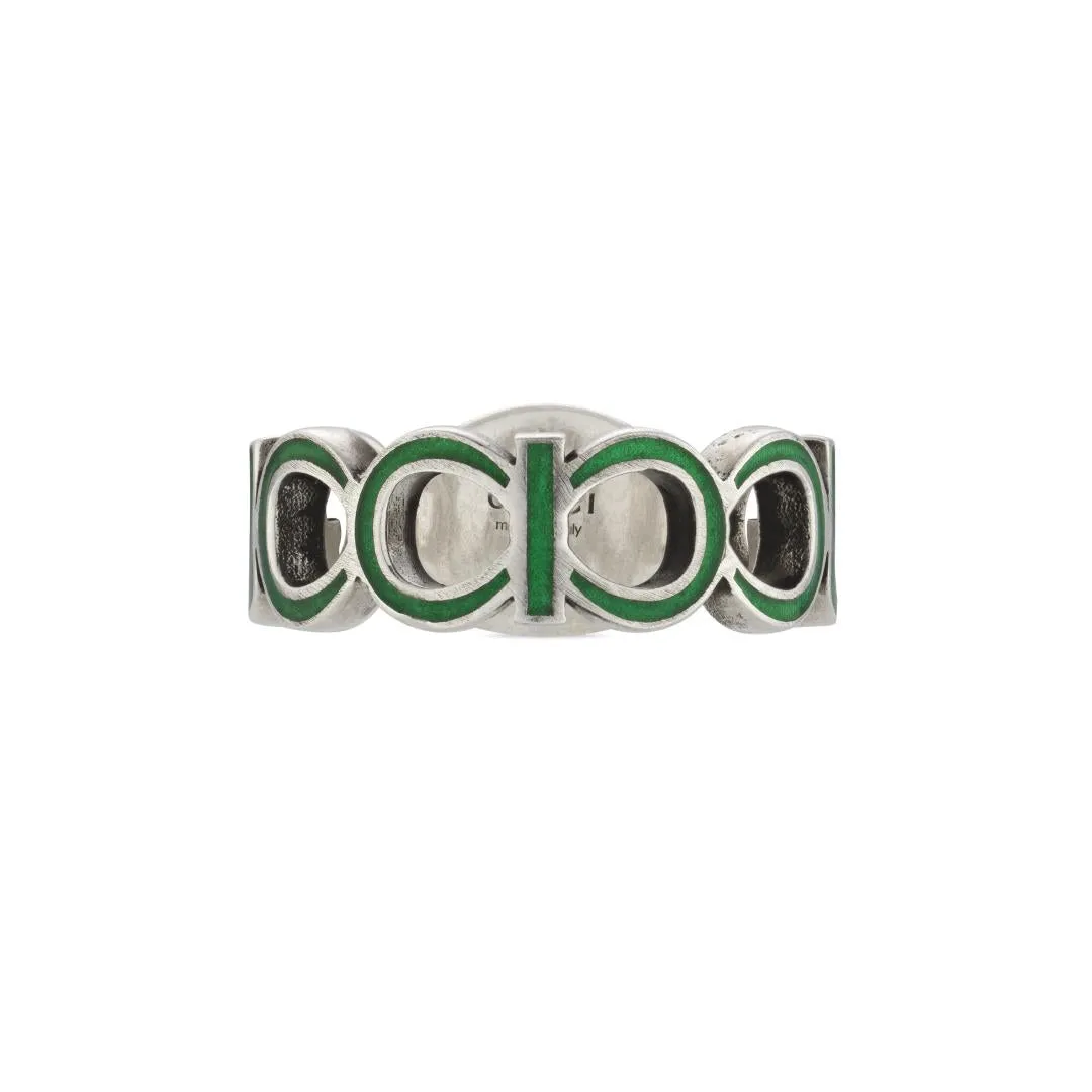 Gucci Interlocking G Sterling Silver Green Enamel Ring D