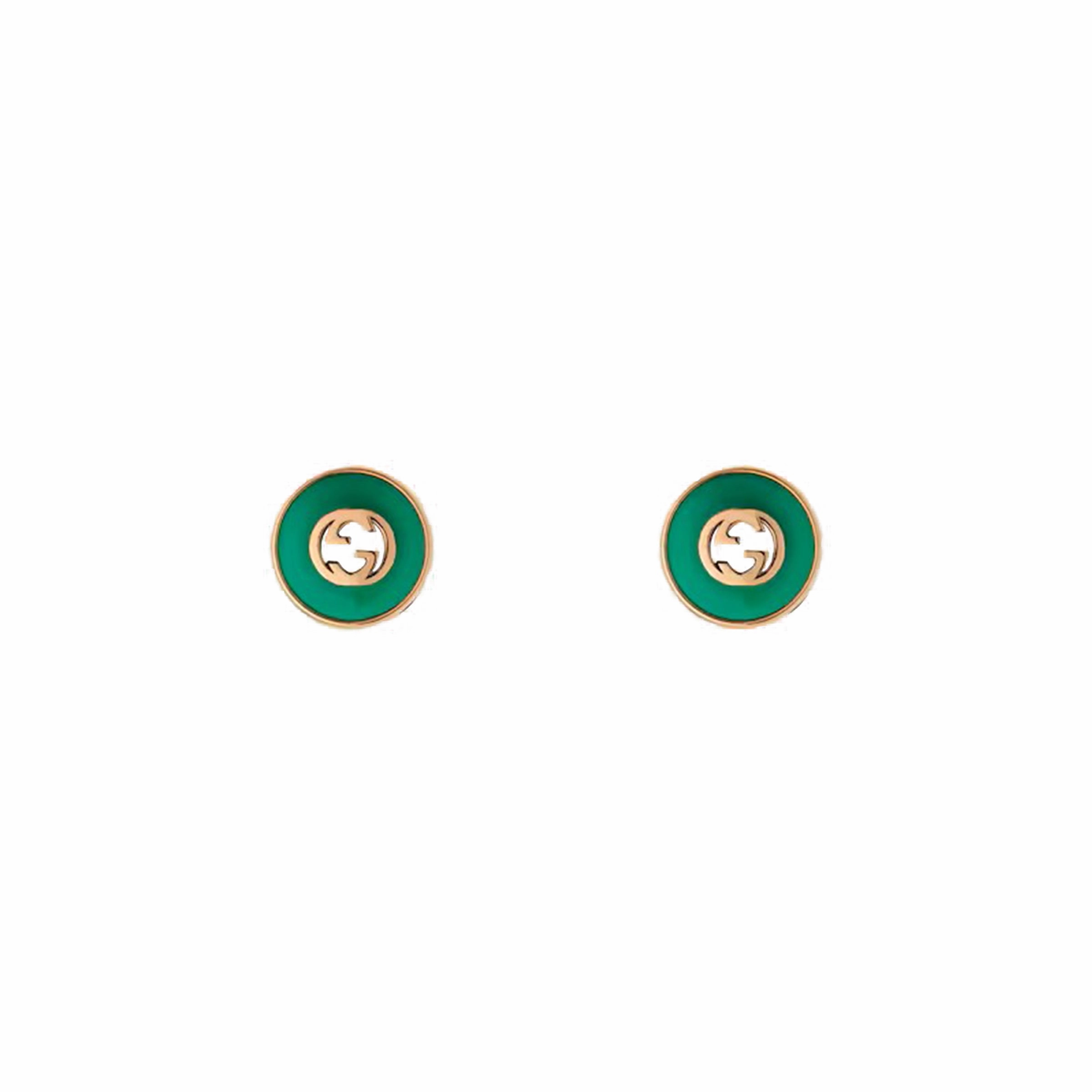 Gucci Interlocking 18ct Rose Gold Green Agate Stud Earrings
