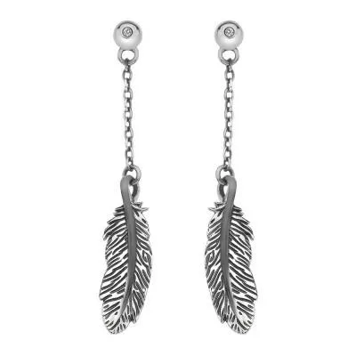 Hot Diamond Feather Sterling Silver Long Drop Earrings