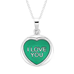 Love Hearts Sterling Silver Green Enamel "I Love You" Heart Necklace