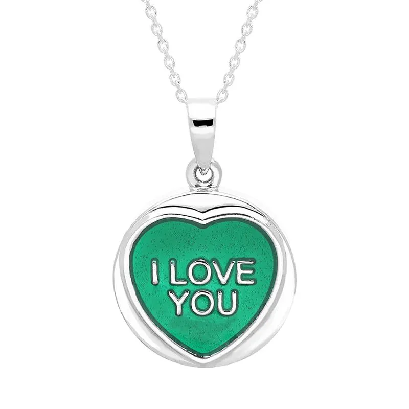 Love Hearts Sterling Silver Green Enamel "I Love You" Heart Necklace