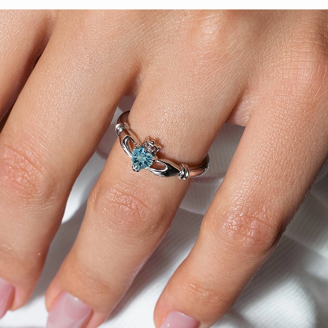 March Sterling Silver 925 Rhodium Plated CZ Center Birthstone Claddagh Ring - BGR01083MAR