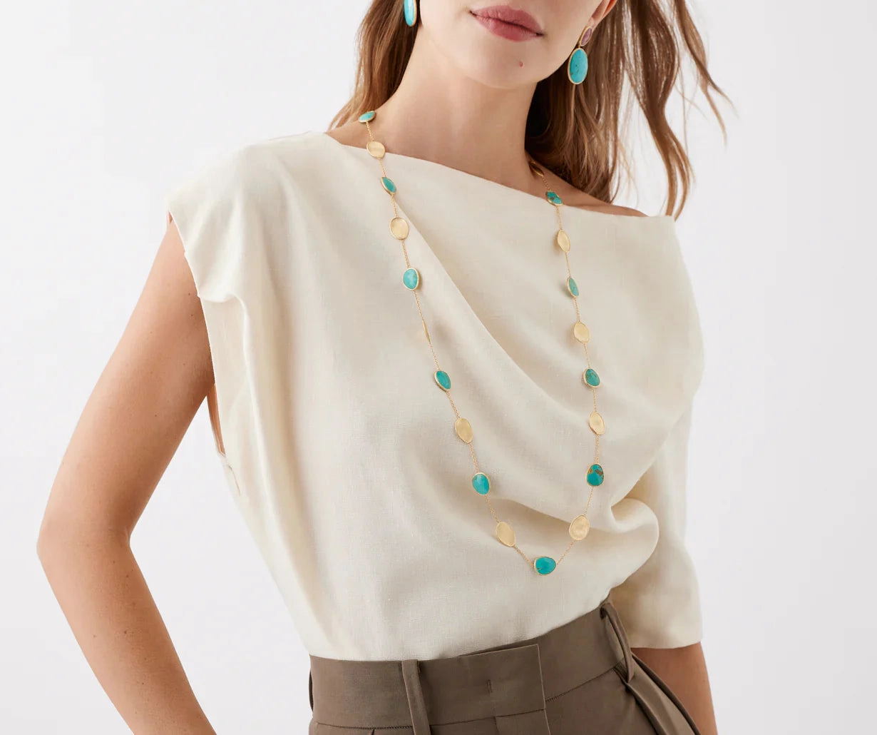Marco Bicego Lunaria Colour 18ct Yellow Gold Diamond and Turquoise Long Necklace