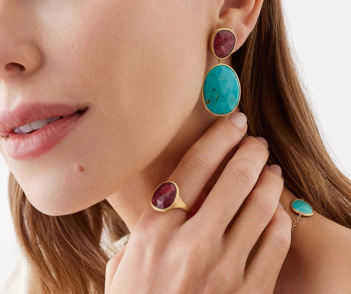 Marco Bicego Lunaria Colour 18ct Yellow Gold Turquoise & Thulite Double Drop Earrings