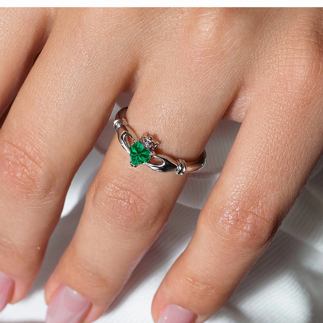May Sterling Silver 925 Rhodium Plated CZ Center Birthstone Claddagh Ring - BGR01083MAY