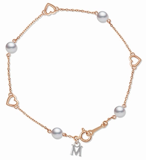 Mikimoto 18ct Rose Gold 4.5mm White Pearl Heart Bracelet