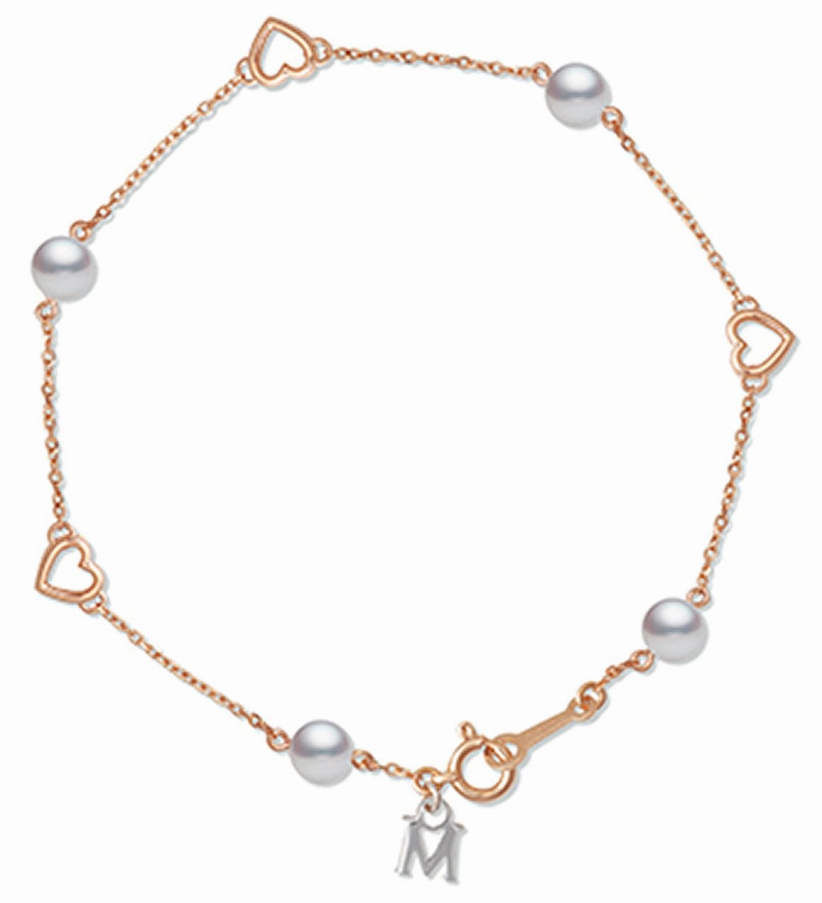 Mikimoto 18ct Rose Gold 4.5mm White Pearl Heart Bracelet