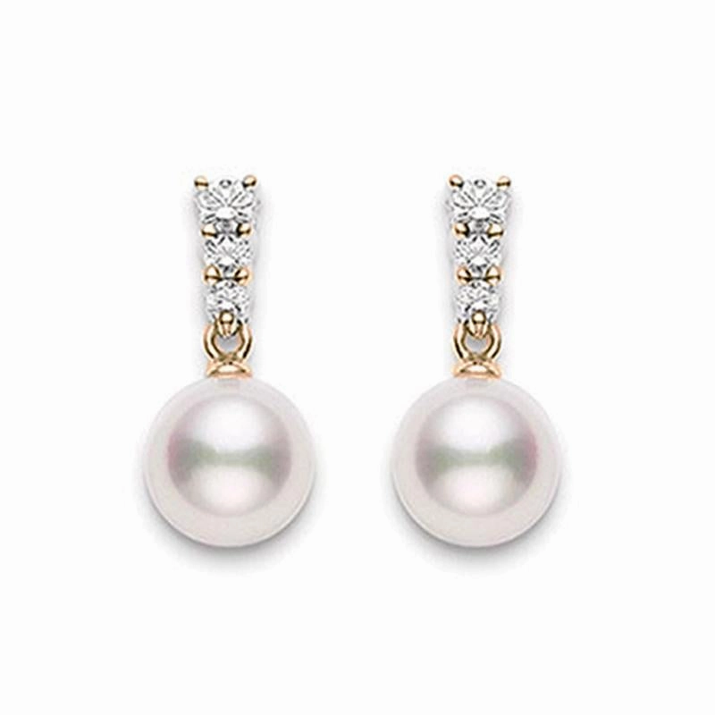 Mikimoto 18ct Rose Gold Diamond 8mm White Akoya Pearl Earrings