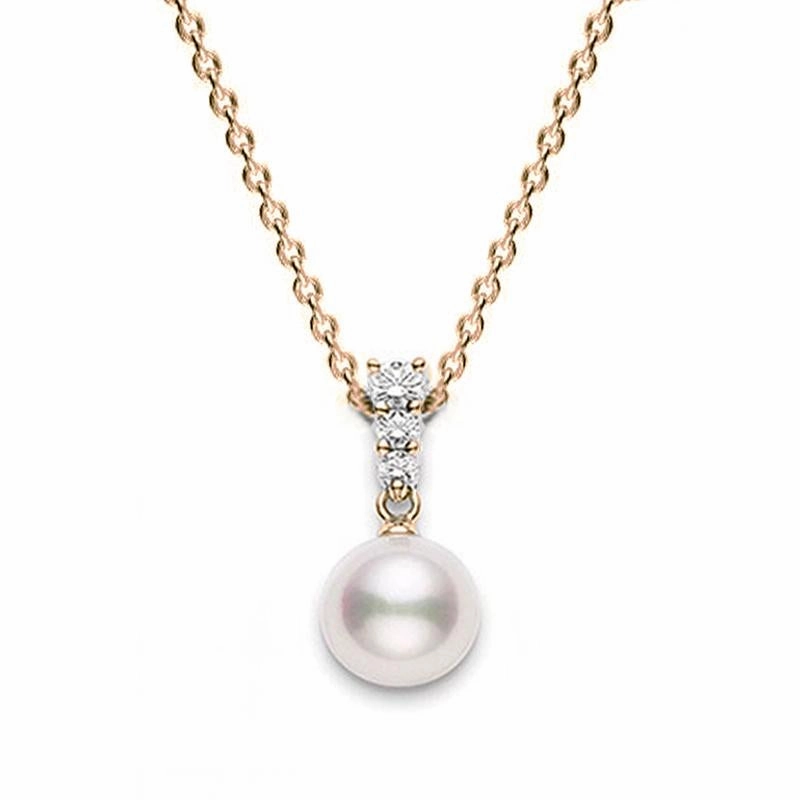 Mikimoto 18ct Rose Gold Diamond 8mm White Akoya Pearl Necklace