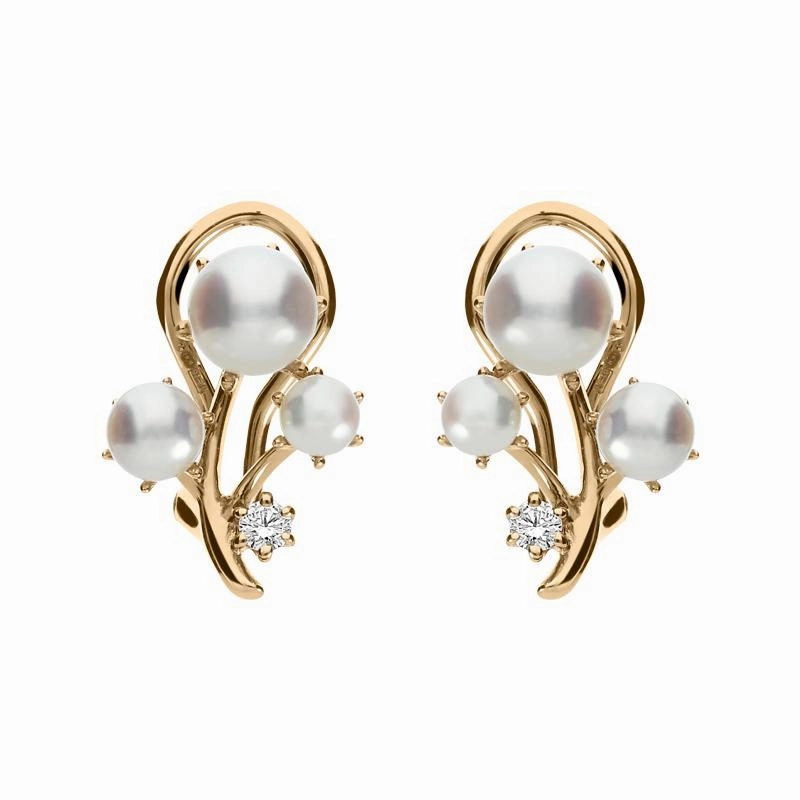 Mikimoto 18ct Rose Gold Diamond White Akoya Pearl Branch Earrings