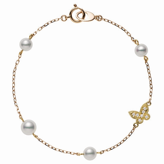 Mikimoto 18ct Rose Gold White Akoya Pearl Diamond Butterfly Chain Bracelet