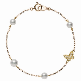 Mikimoto 18ct Rose Gold White Akoya Pearl Diamond Butterfly Chain Bracelet
