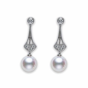 Mikimoto 18ct White Gold Diamond 7mm White Akoya Pearl Drop Earrings