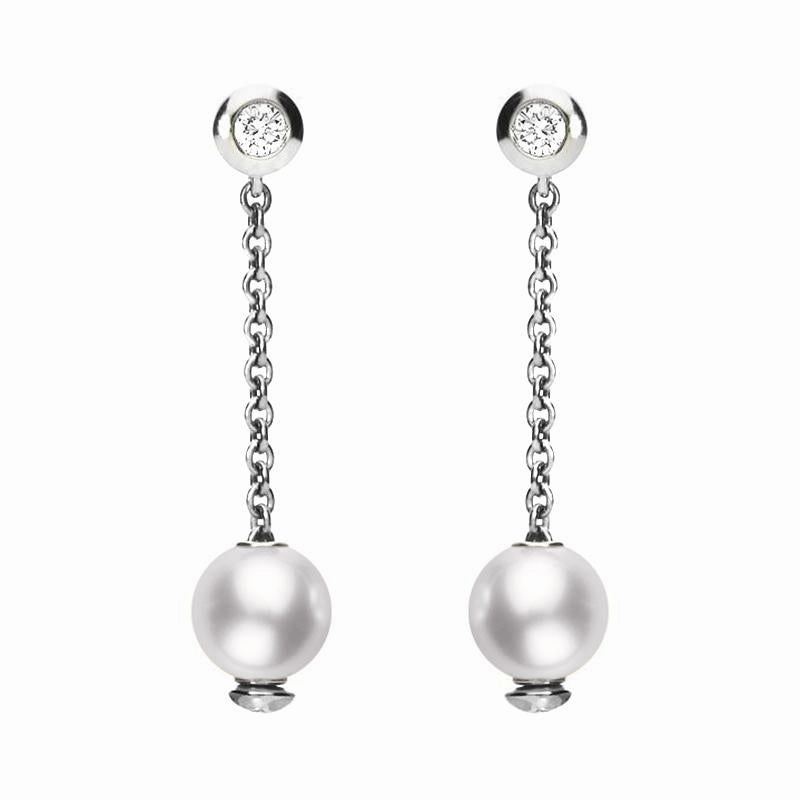 Mikimoto 18ct White Gold Diamond 7mm White Akoya Pearl Drop Earrings