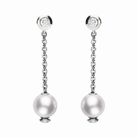 Mikimoto 18ct White Gold Diamond 7mm White Akoya Pearl Drop Earrings