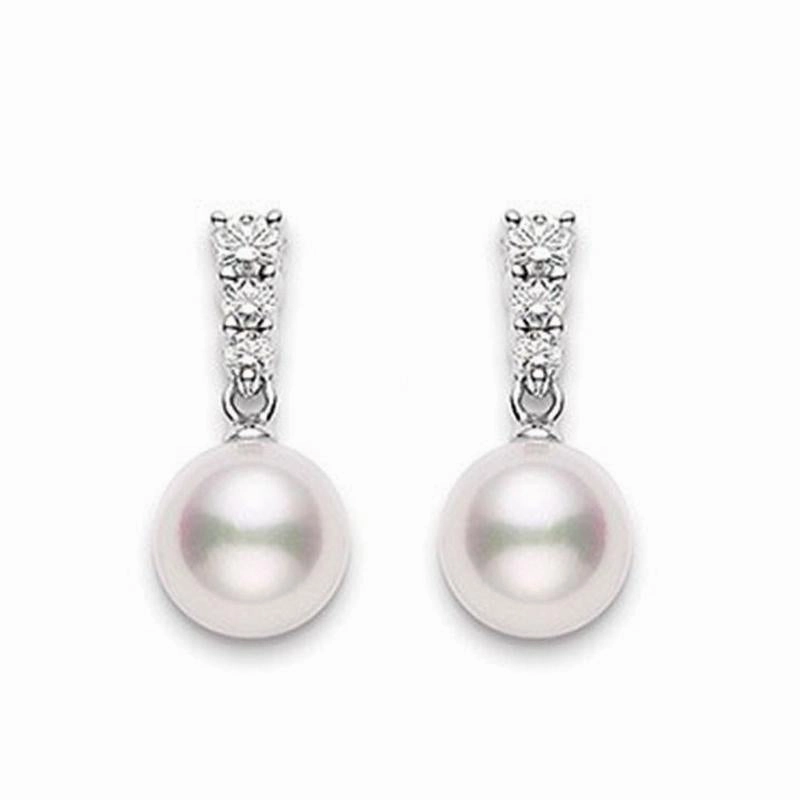 Mikimoto 18ct White Gold Diamond 8mm White Akoya Pearl Earrings