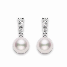 Mikimoto 18ct White Gold Diamond 8mm White Akoya Pearl Earrings