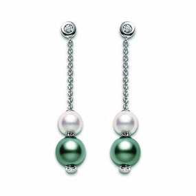 Mikimoto 18ct White Gold Diamond Black South Sea Pearl Drop Earrings