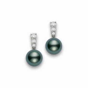 Mikimoto 18ct White Gold Diamond Black South Sea Pearl Earrings