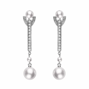 Mikimoto 18ct White Gold Diamond White Akoya Pearl Drop Earrings