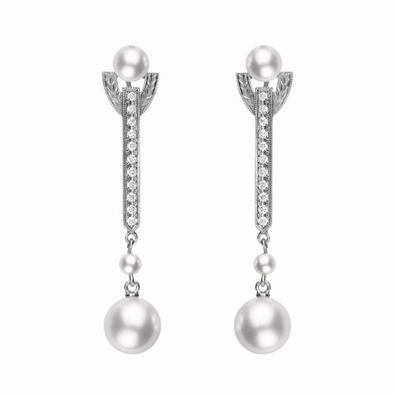 Mikimoto 18ct White Gold Diamond White Akoya Pearl Drop Earrings
