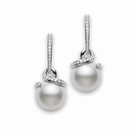 Mikimoto 18ct White Gold Diamond White South Sea Pearl Twisted Earrings