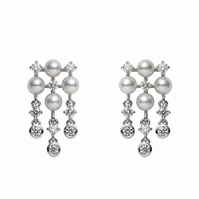 Mikimoto 18ct White Gold White Akoya Pearl Diamond Chandelier Drop Earrings